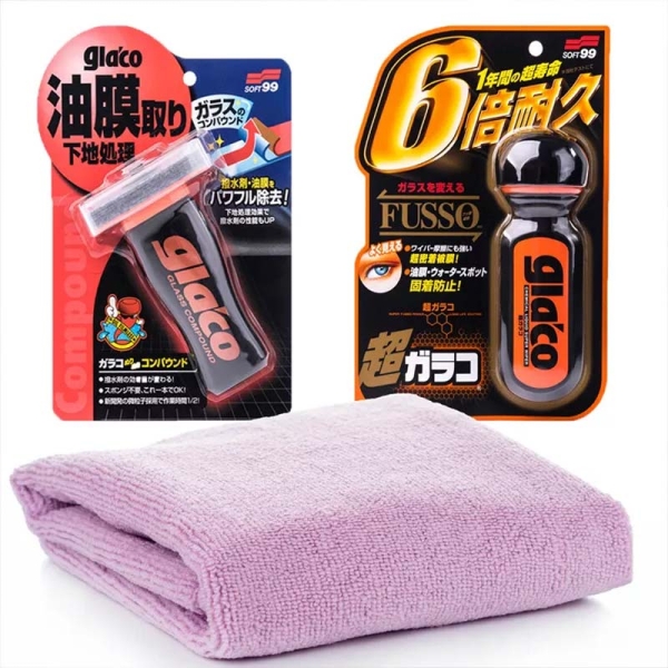 Soft99 Glaco Glass Compound Roll On Glaspolitur 100ml + Ultra Glaco Scheibenversiegelung 70ml + Tuch