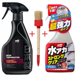Soft99 Iron Terminator Felgenreiniger 500ml + Stain Cleaner Lackreiniger 500ml + Pinsel