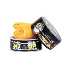 Soft99 Mirror Shine Wax Dark geöffnete Dose mit Tuch