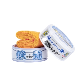 Soft99 Mirror Shine Wax Light geöffnete Dose mit Tuch